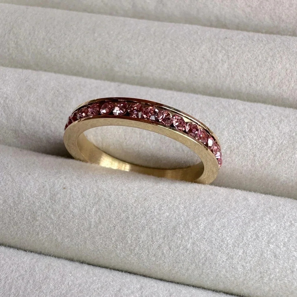 Pink Tourmaline Colored CZ 18k Gold Stainless Steel Band Ring October Birthstone - Picture 3 of 8